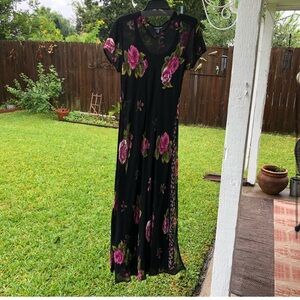 Vintage Y2K Black Maxi Dress with Pink Floral Design L